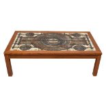 OX-ART; a mid-century teak coffee table set with eighteen ceramic tiles each with stylised