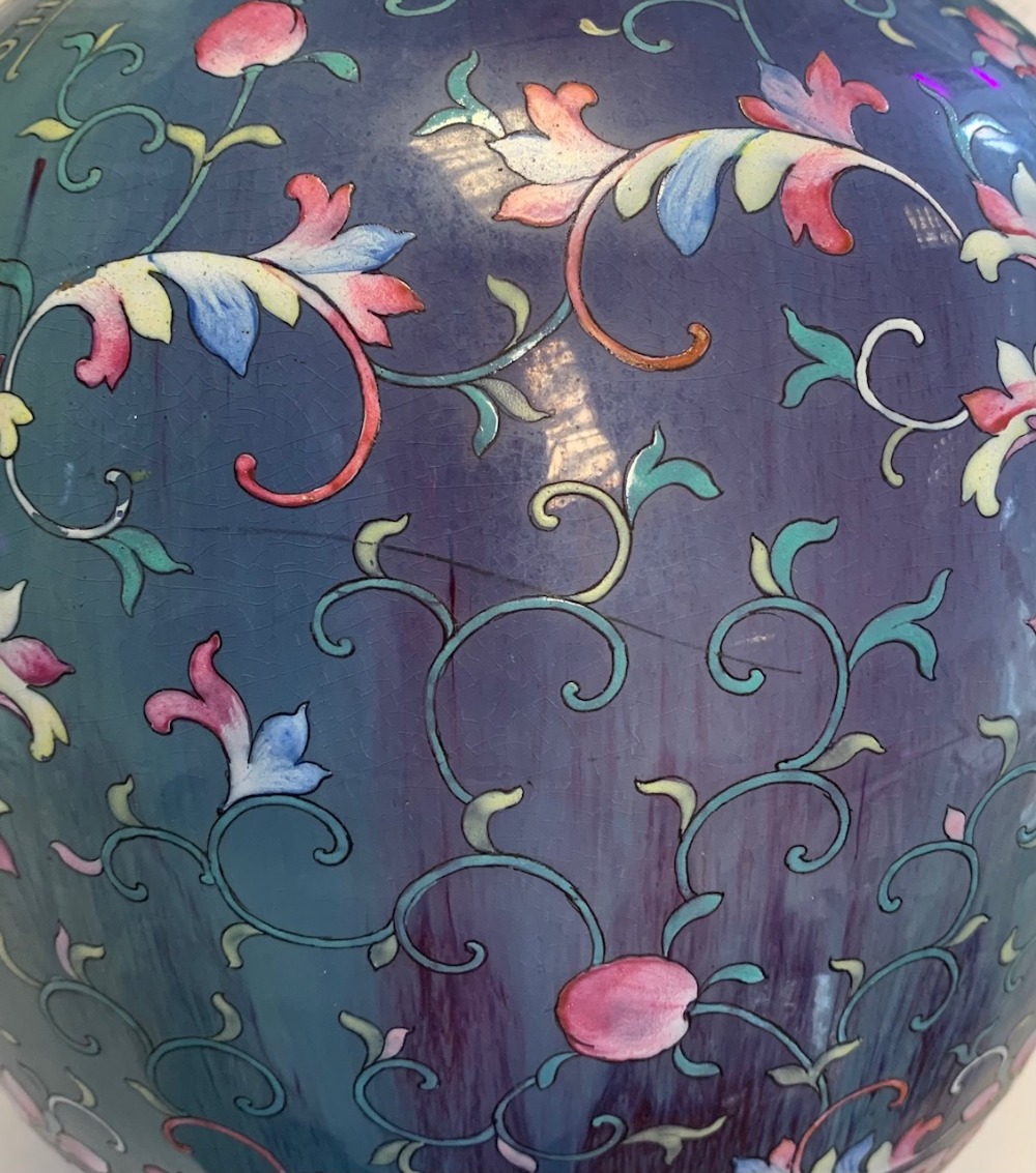 A large 18th century Chinese flambé vase, later enamel painted with stylised floral sprays, base - Image 5 of 18