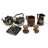 JACKFIELD; four pieces of 19th century ceramics including two teapots, desk stand and a pair of