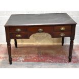 A late Victorian mahogany kneehole writing table, with faux leather inset top above an arrangement