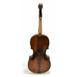 A full-size German violin with one-piece back, length 35.6cm and with figural carved scroll, no