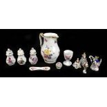 DRESDEN; three hard paste porcelain pounce pots, each with floral detail and three miniature