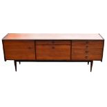 A mid century teak sideboard, with an arrangement of four drawers and two cupboards, height 72cm,