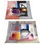 MOSHE MONZON; two fabric wall hangings ‘Aquarle’ 137x173cm, and ‘Tringl’ 122x152cm (2).