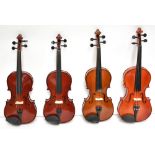 STENTOR; four full-size modern violin outfits, each with violin, bow and case (4).