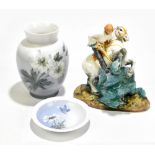 ROYAL DOULTON; a figure, HN2051 'St George', height 18cm, and a Royal Copenhagen vase and dish, each