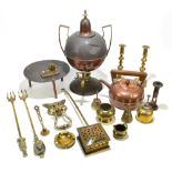 A collection of assorted 19th century and later metalware including a copper twin handled tea urn, a