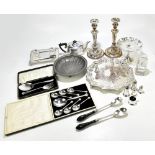 A quantity of assorted silver plate, including a pair of Sheffield plate candlesticks, height