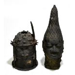 ETHNOGRAPHIA; two Benin bronze heads, heights 33cm and 25cm (2).Additional InformationBoth with an