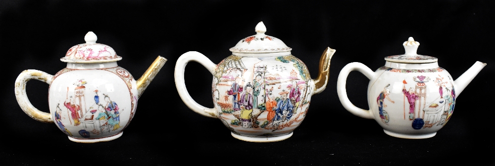 Three 18th century Chinese Famille Rose bullet shaped teapots including an example with figures