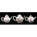 Three 18th century Chinese Famille Rose bullet shaped teapots including an example with figures