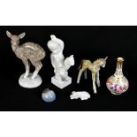 ROYAL COPENHAGEN; four assorted figures, a small 19th century Derby gilt and floral painted vase and