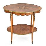 A 19th century French marquetry inlaid rosewood two tier side table of shaped oval form, with