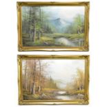 JAMES; pair of oils on board, river and woodland scenes, each signed, 49.5 x 75cm, framed (2).