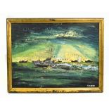 HUGH CASSIDY; oil on panel, study of HMS Scylla in a Mediterranean sea battle, signed lower right,