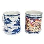 An 18th century Chinese Export blue and white mug decorated with a landscape scene and applied