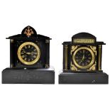 Two 19th century black slate eight day mantel clocks, each of architectural form and with a Roman