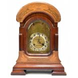 A.J. HOBLEY SALFORD; an inlaid mahogany eight day hour and quarter chiming mantel clock, engraved