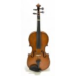A German 3/4 size violin with two-piece back, length 33.6cm, unlabelled, cased with a bow and two