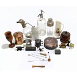 A collection of 19th century and later metalware, ceramic and treen items including a novelty