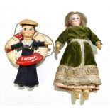 NORAH WELLINGS; a 1960s sailor doll with 'P&O Lines' buoy, together with a bisque headed doll