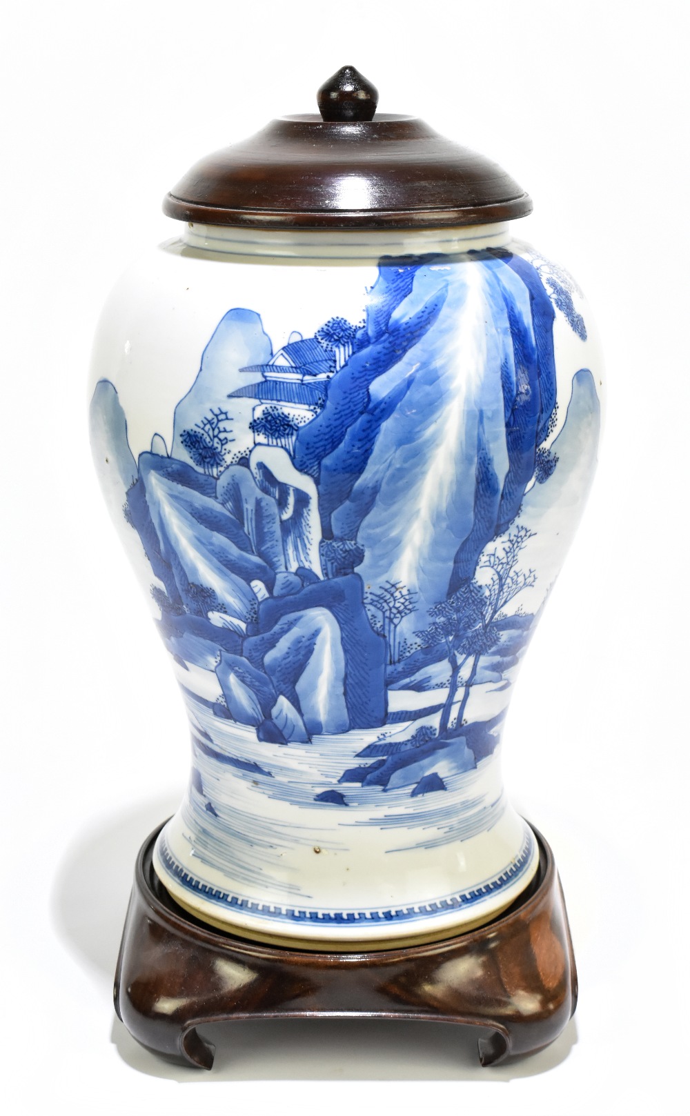 A 18th century Chinese Export blue and white vase with associated cover and stand decorated with