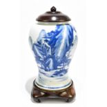 A 18th century Chinese Export blue and white vase with associated cover and stand decorated with