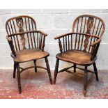 Two 18th century elm seated Windsor armchairs, one example with yew wood back and crinoline