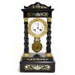 A 19th century French brass inlaid and ebonised portico clock, with enamel Roman numeral dial and