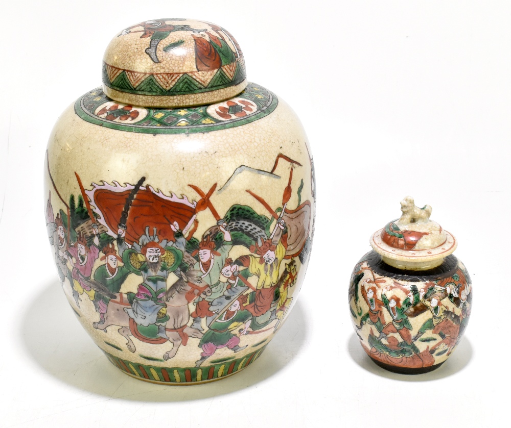 A mid-20th century Chinese Famille Verte crackle glazed ginger jar and cover, decorated with