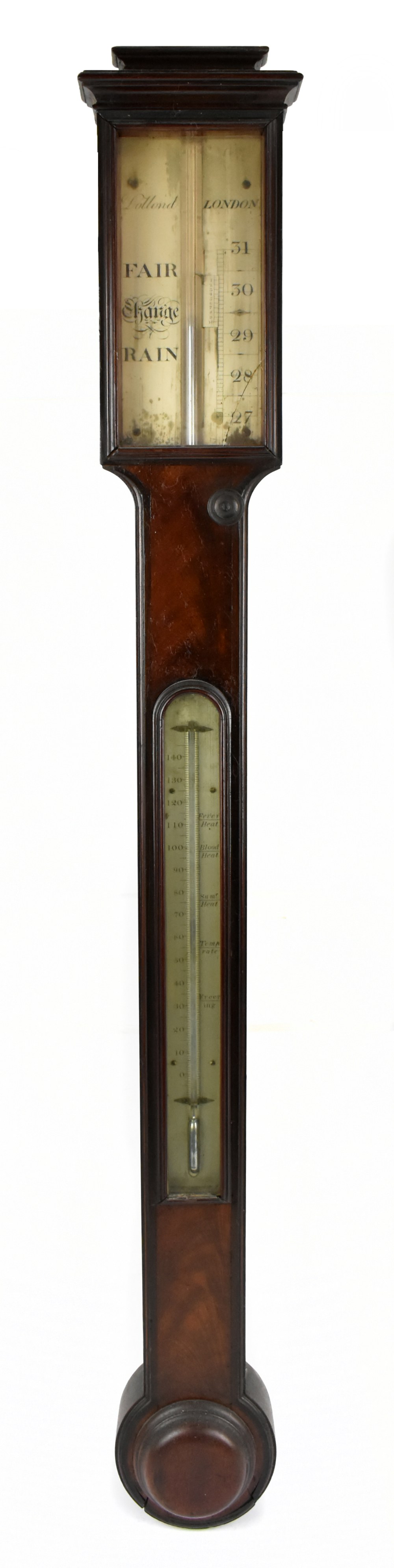 DOLLAND OF LONDON; a late George III mahogany stick barometer with silvered dial, height 101cm.