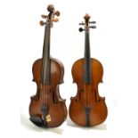 A German 1/4 size violin with two-piece back length 28.2cm, unlabelled and with boxwood pegs, with