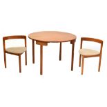 HANS OLSEN FOR A.B.J; a Danish teak circular dining table and four triangular chairs each with