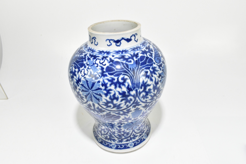 A late 19th century Chinese blue and white porcelain temple jar and cover, the top rim painted - Image 11 of 12