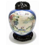 A late 19th century Chinese Famille Verte Wucai porcelain ginger jar with associated wooden cover