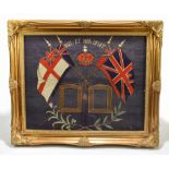 A WWI military silk panel with the motto 'Dieu et Mon Droit', a crown, four flags and two unused