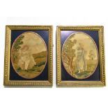 A pair of late 18th century needlework tapestries depicting maidens in landscape setting, 19.5cm x