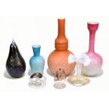 A collection of Victorian and later glassware including an iridescent glass pear, bears pseudo-Loetz