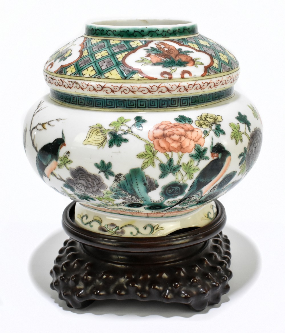 A Chinese Famille Verte Wucai porcelain gourd shaped vase, the upper section painted with four