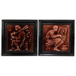 A pair of Victorian ceramic tiles depicting musicians with embossed floral detail to reverse, each