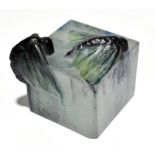 GABRIEL ARGY-ROUSSEAU (1885-1953); a Pate-de-Verre glass paperweight of cube form with moulded moss,