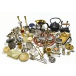 A quantity of assorted metalware including cast iron teapot, a set of modern scales, copper tray,