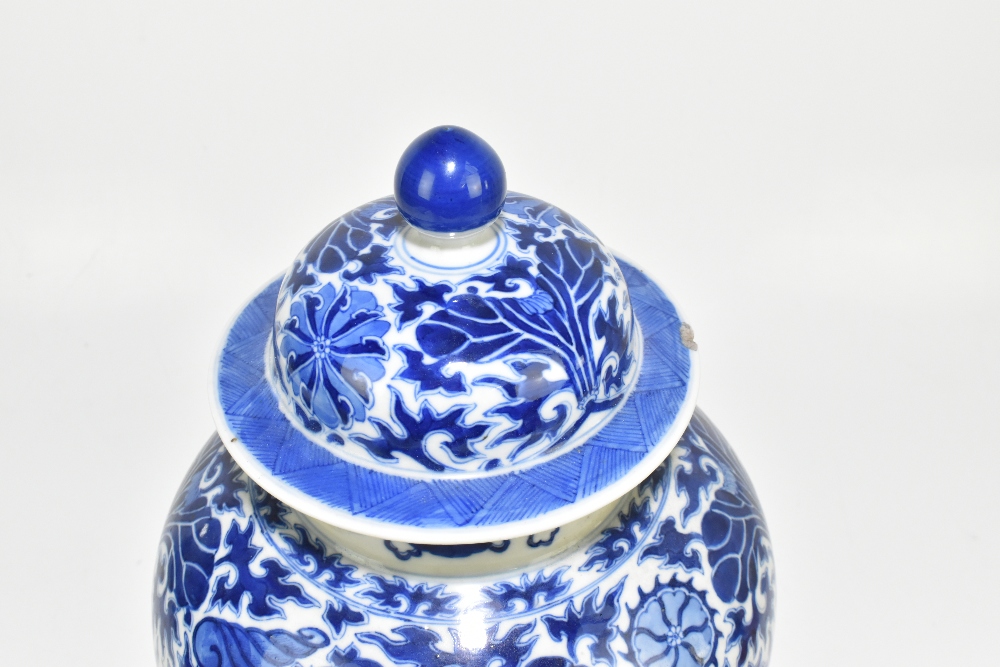 A late 19th century Chinese blue and white porcelain temple jar and cover, the top rim painted - Image 4 of 12