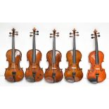 STENTOR; five full-size modern violin outfits, comprising violin, bow and case (5).