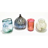 ISLE OF WIGHT GLASS; four pieces including an onion shaped vase with applied trailed glass on an