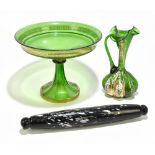 A 19th century Nailsea glass rolling pin, length 35cm, a 19th century Bohemian green glass tazza