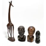 ETHNOGRAPHIA; three Nigerian carved hardwood heads, the tallest 19cm, and a West African carved