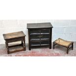 An simple oak three drawer chest, width 60cm, a joint type stool with drawer, width 50cm and a small
