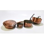 A group of 19th century and later metalware comprising three copper pans and a bed warmer (4).