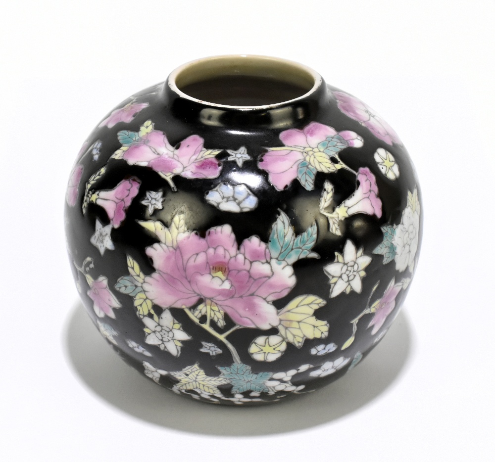 A 20th century Chinese Famile Noir porcelain vase of bulbous form, decorated in enamels with printed